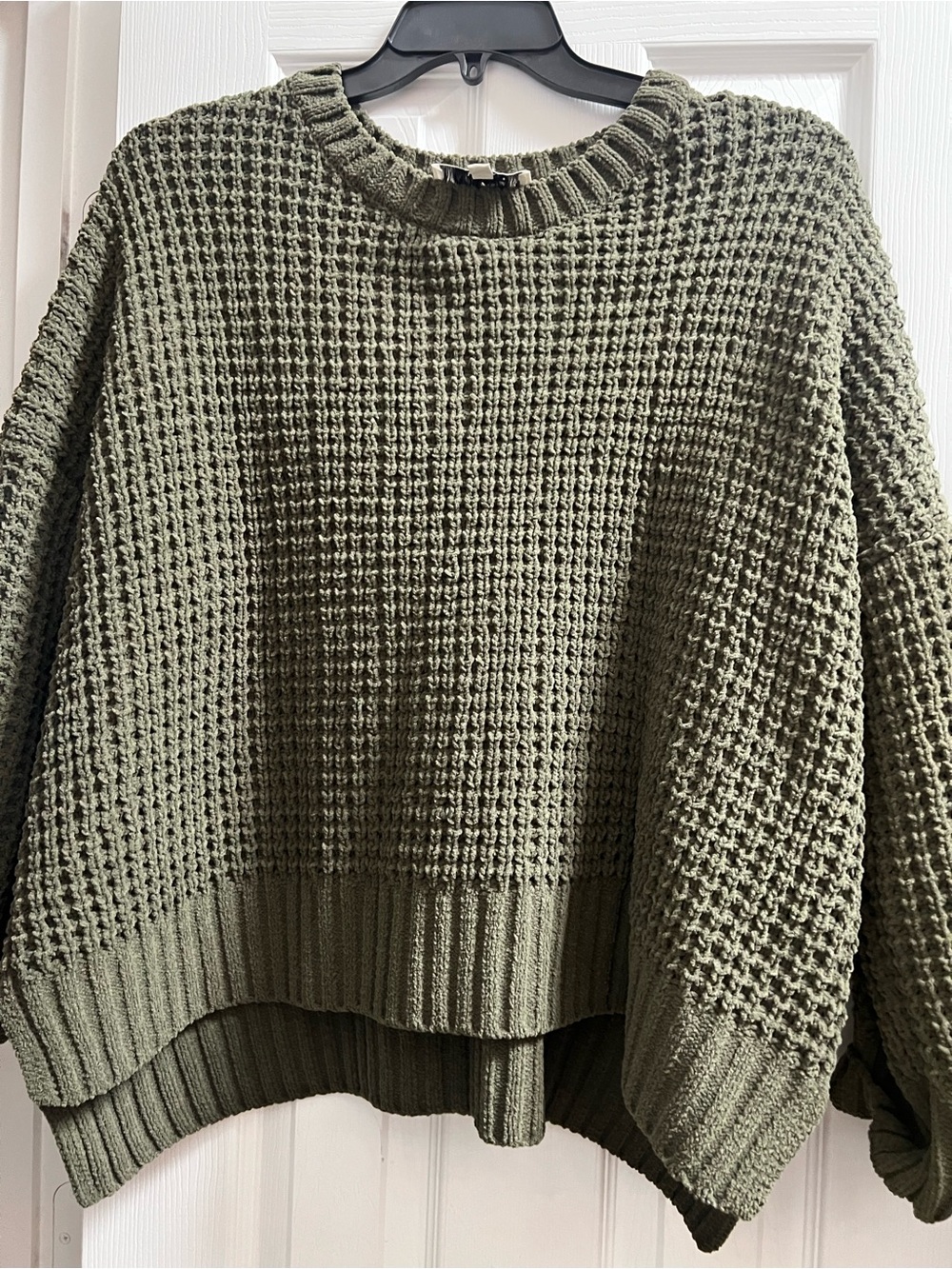 Pink Rose Olive Waffle Knit Crewneck Sweater - Women